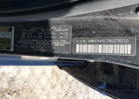2008 Hyundai Accent Gls z USA, uszkodzony, nr VIN KMHCN46C78U278210